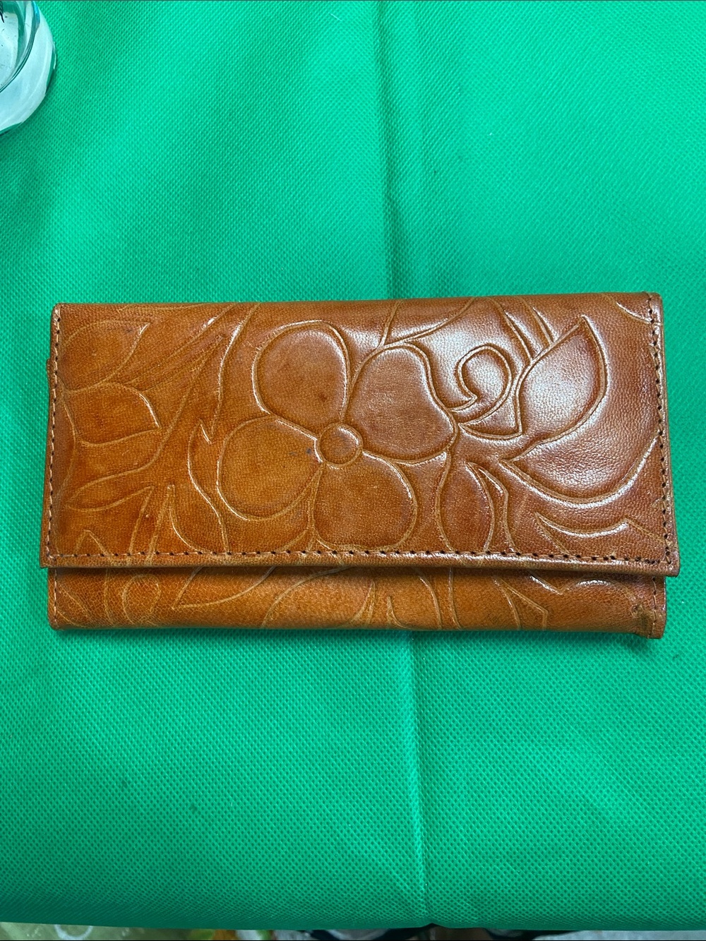 Embossed Floral Leather Clutch Wallet - Brown Hand Made